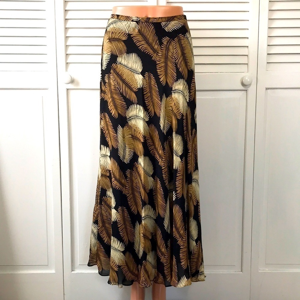 JONES NEW YORK Leaf Print Black Silk Maxi Skirt Size 2P